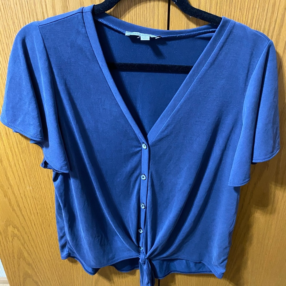 Top with buttons, tie front, and flutter sleeves